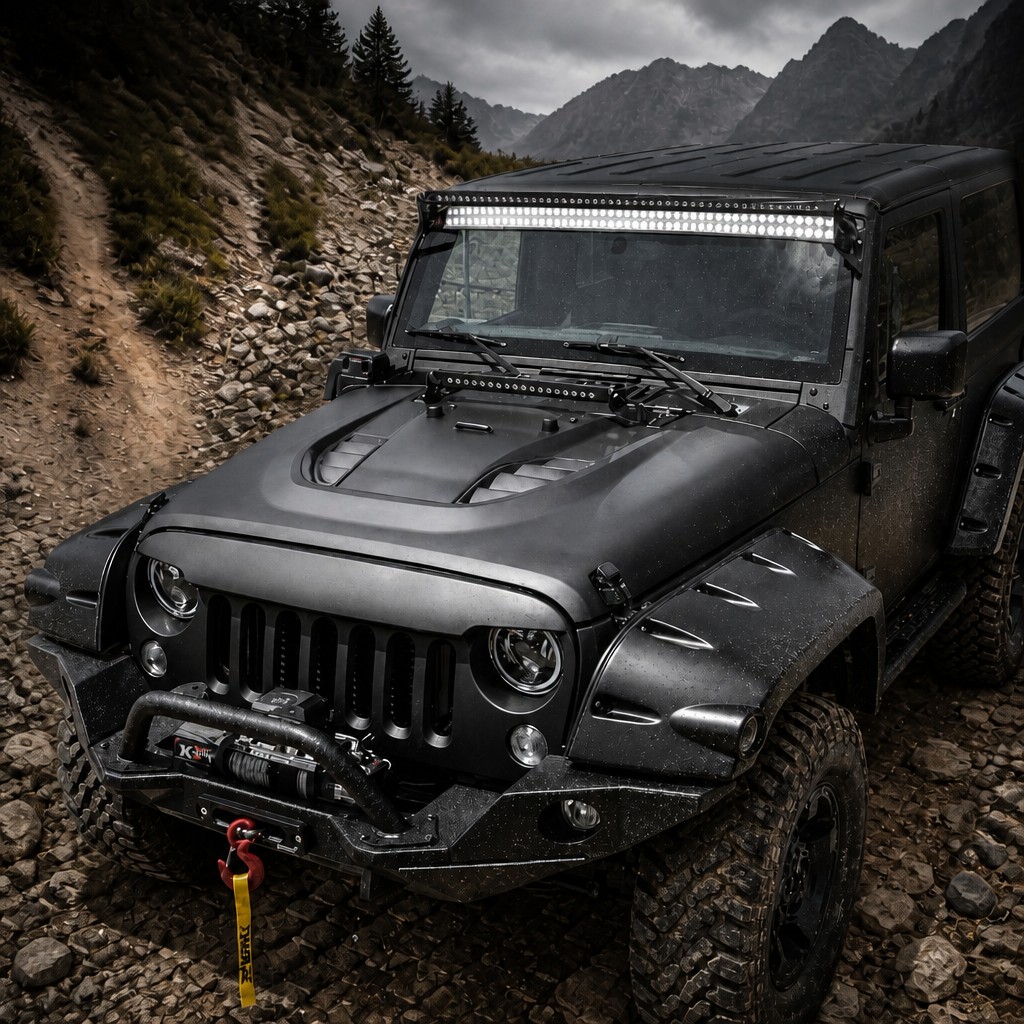 Jeep Wrangler JK with vented hood — trail lifestyle render
