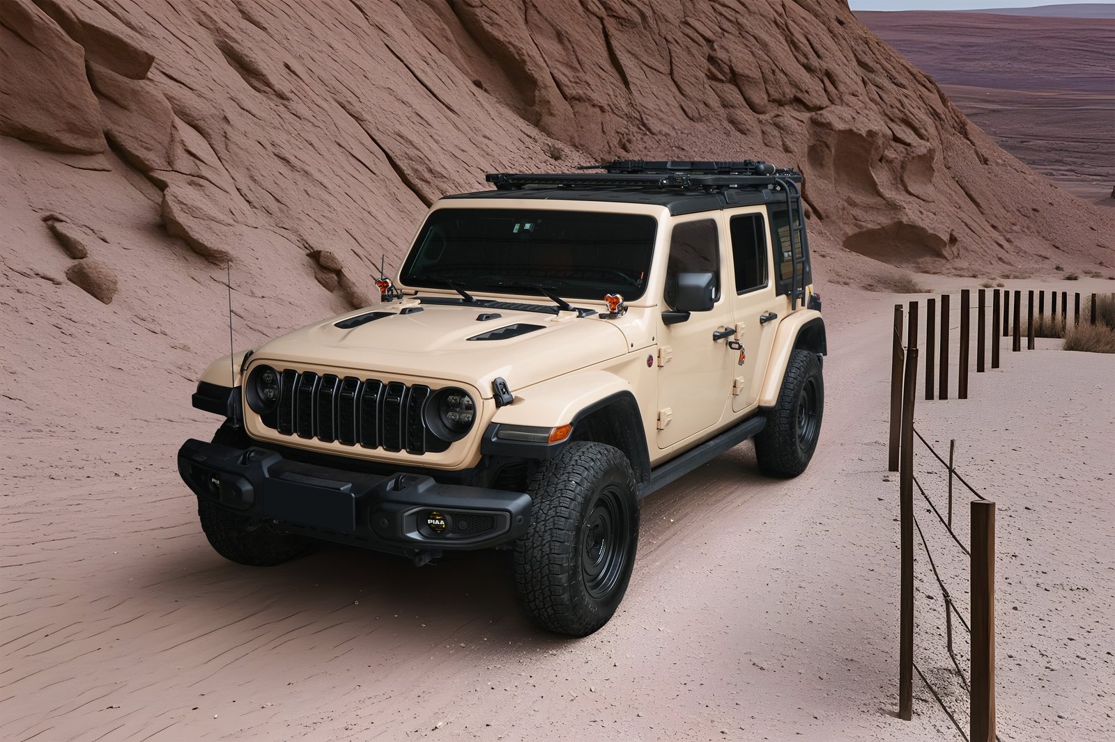 Jeep Wrangler JL with black vented steel hood in desert terrain