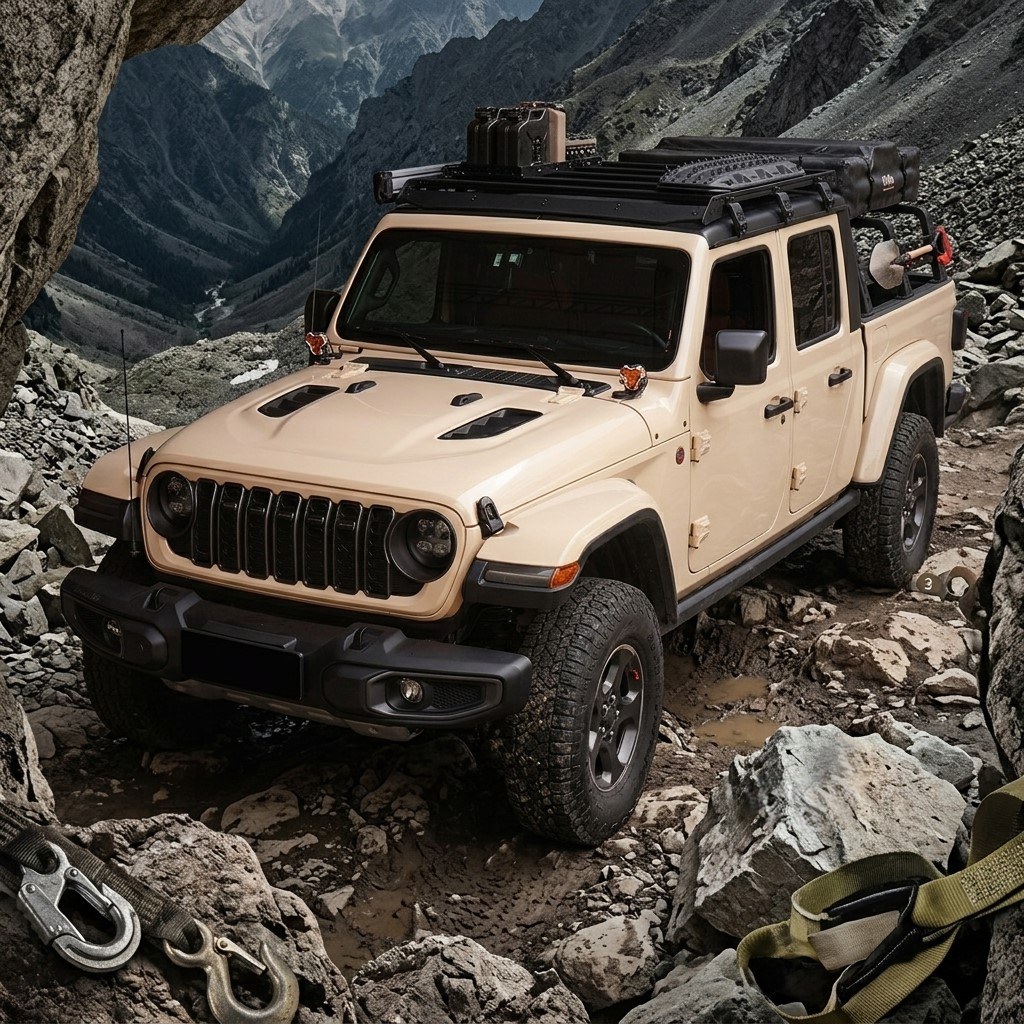 Jeep Gladiator JT with black vented steel hood in a mountain trail setting